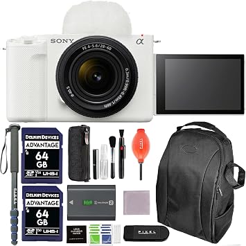 Sony ZV-E1 Mirrorless Vlog Camera White with 28-60mm Lens Bundle with Backpack, Monopod, 2 x 64GB SD Card, More