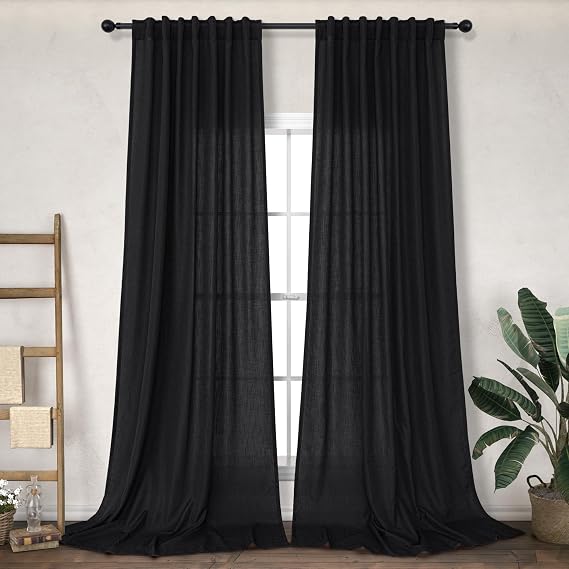 DANCURTON Black 100% Blackout Linen Curtains and Black Linen Sheer Curtains 108 Inch Length