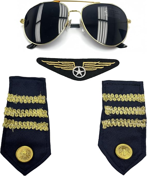 Pilot Costume Set | Pilot Costume Accessories | Airline Pilots Costumes | Pilots Captain Dress Up Uniform | Aviator Sunglasses + Badge + 2 Shoulder Epaulets | Multicolor | One Size