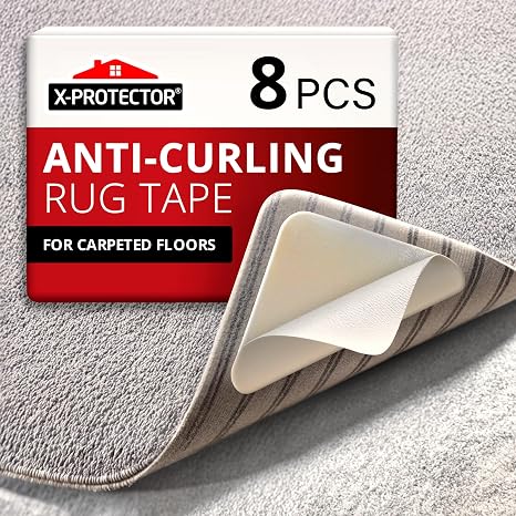 X-Protector Rug Tape for Carpet - 8 Pcs Set - White Anti-Slip & Anti-Curling Carpet Tape for Rugs - Premium Rug Pad Gripper - Carpet Corner Grippers to Keep Your Rugs & Make Corners Flat