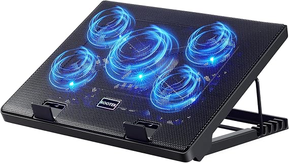 Kootek Laptop Cooling Pad Cooler Stand with 5 Quiet Fans for 12"-17" Laptop | 5 Fans, USB Powered, Laptop Cooling Stand with 2 USB Hub, 6 Adjustable Height, 360 Cooling Coverage, Anti-Slip, Blue LED