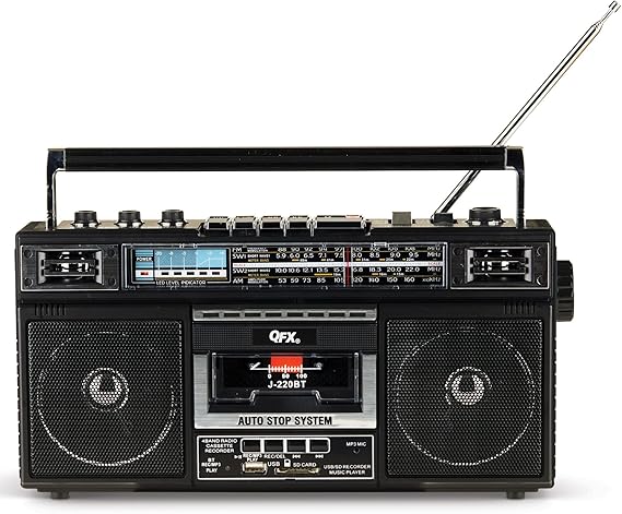 QFX Retro Bluetooth Boombox Cassette Tape Player Recorder, J-220BT, Black