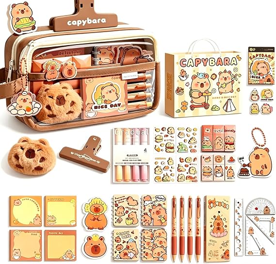 KFSCIP ﻿55 PCS Set Capybara Pencil Case, Capybara Stationery Set with Capybara Pens, Stickers, Stationary and Sticky Notes for Office Kids Students School