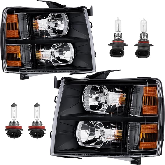 KUIPERAUTO Headlight Assembly Compatible with 2007-2013 Chevy Chevrolet Silverado 1500 2500HD 3500HD Front Lamp with Bulb Black Housing/Clear Lens/Amber Corner
