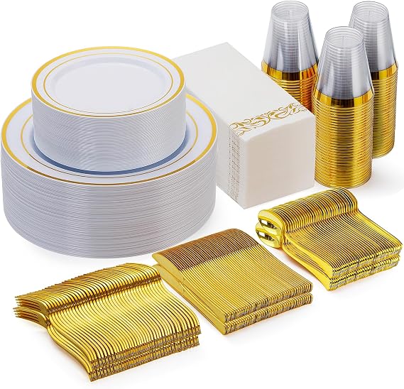 Goodluck 350 Pcs Gold Dinnerware Sets for 50 Guests, Disposable Plate Sets