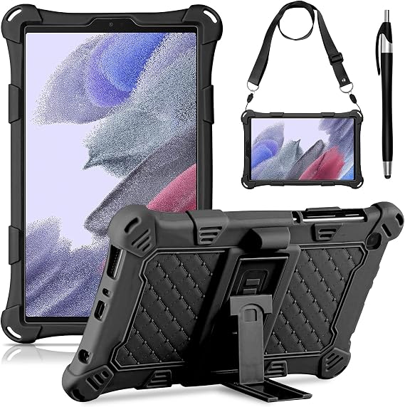 DETUOSI Case for Samsung Galaxy Tab A7 Lite 8.7 inch, with Stylus Pen & Shoulder Strap, Soft Silicone Lightweight Protective Cover for Galaxy Tab A7 Lite 2021 SM-T220/T225/T227u, Black