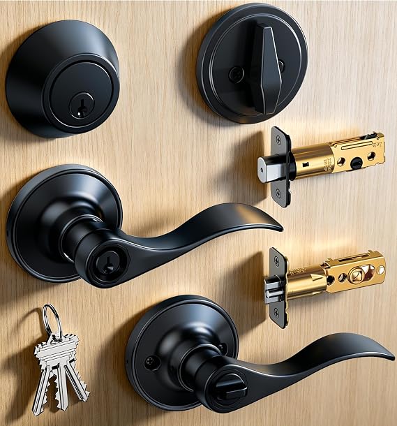 Veise Keyed Alike Exterior Door Handle Lock Set with Deadbolt, Matte Black