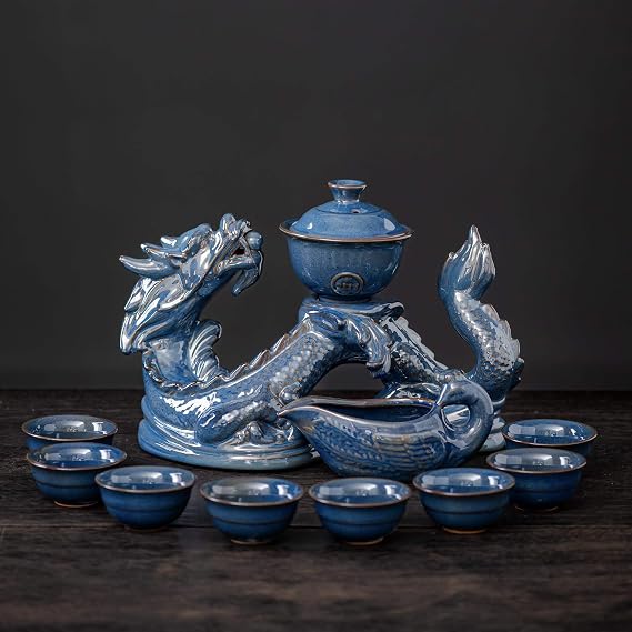 Zurucily Ceramic Teapot with Infuser Semi Automatic Tea Set Magic Teapot with 8 cups Gradient Color (Blue Dragon- A)