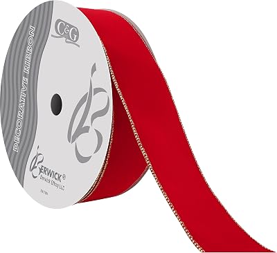 Berwick Offray 2.5 Wide Velvet Ribbon for Decoration and Crafts, 50-Yard Spool, Red and Gold