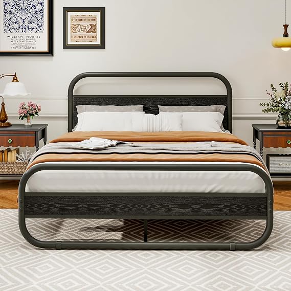 5ft King Size Bed Frame,Metal Platform Bed,Black | with Wooden Headboard and Footboard,Mattress Base,Metal Slat Support,Under-bed Storage,for Bedroom