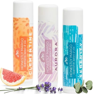Honestly Margo Aromatherapy Balm Stick Trio Menthol Eucalyptus, Lavender, and Citrus Organic Citrus, Eucalyptus Essential Oil, and Lavender Essential Oil Lip Balm, Mess-Free Convenient Design