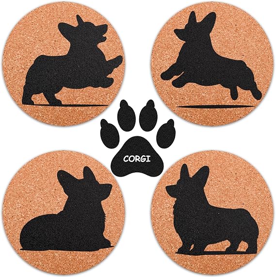 Corgi Lovers Cork Drink Coasters, 4-Piece Sets, Fun Dog Coasters, Double-Sided Pattern Design Coaster, Decorative Coaster, Excellent Creative Gifts for Dog Owners