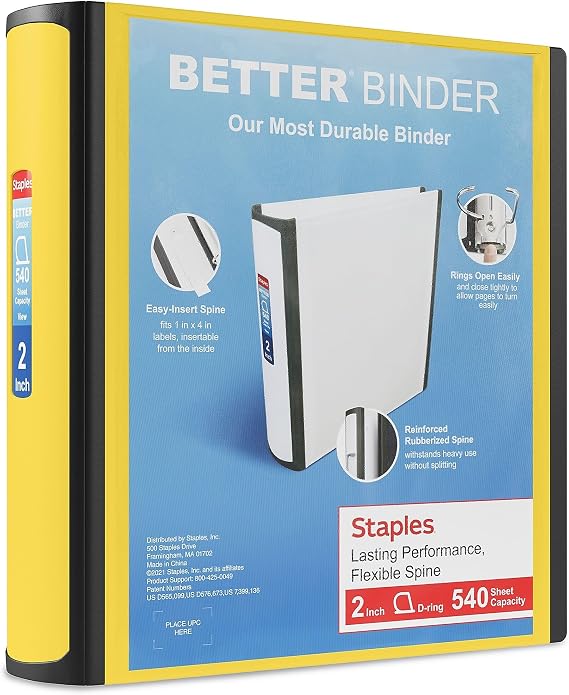 Staples Better Binder, 2 Inch D-Ring, Yellow, 540 Sheets, 2-Pack