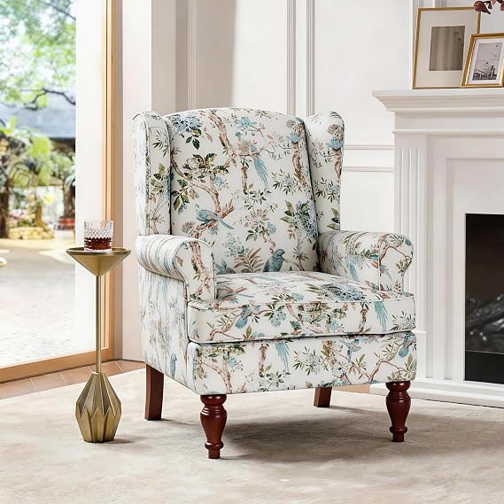 Wingback Armchair, Bird Retro Accent Chair Soft Padded Fabric Lounge Padded Sofa Chair, Retro Vantage Leisure Chair for Living Room Bedroom - Solid Wood Frame
