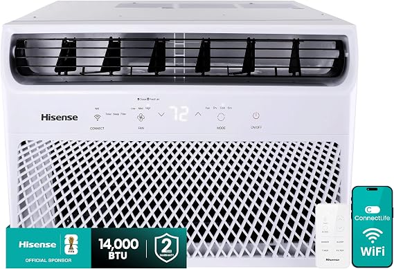 Hisense 14,000 BTU Smart Window Air Conditioner, 3 modes (Cooling, Fan, Dehumidifier), Easy Installation,Ultra Quiet,
