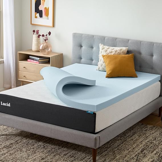 Lucid 3 Inch Memory Foam Mattress Topper, Queen Size Cooling Gel Bed Topper Preassure-Relieving Deep Plush Feel Ventilated Breathable Design CertiPur Certified - Dorm Room Essentials