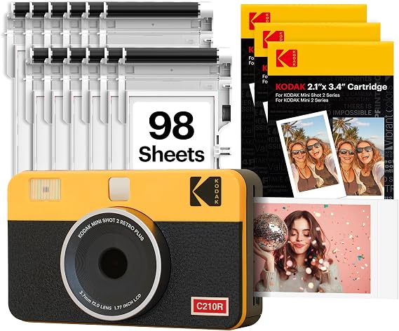 KODAK Mini Shot 2 Retro 2x3 Instant Digital Camera & Photo Printer, 98 Sheets, 2-in-1 Portable Print Camera, Bluetooth Smartphone Printer for iOS & Android, 4PASS Dye Sublimation, Yellow
