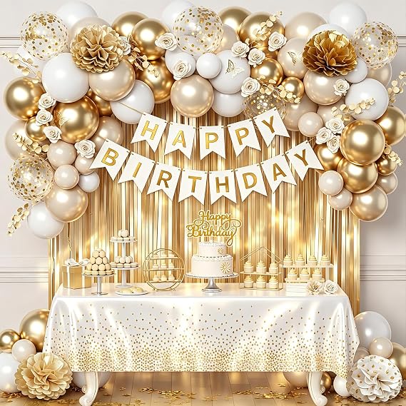 Golden Birthday Party Decorations, Gold Party Decorations, White and Gold Balloons Happy Birthday Banner Tablecloth Fringe Curtain Paper Pom Poms Kids Women Men Girls Boys Birthday Golden Bday Decor