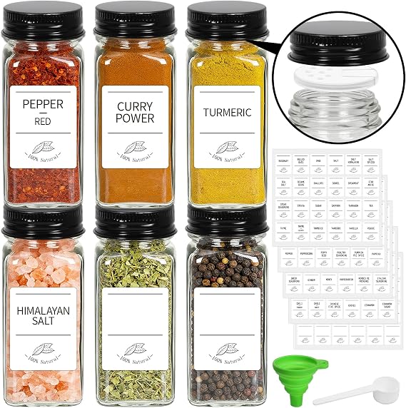 6 Pack 120ml Square Glass Spice Jars with Black Airtight Lids