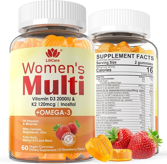 Womens Multivitamin Gummy, w/Omega 3(DHA/EPA), Methyl B12, Calcium, 60 Cts