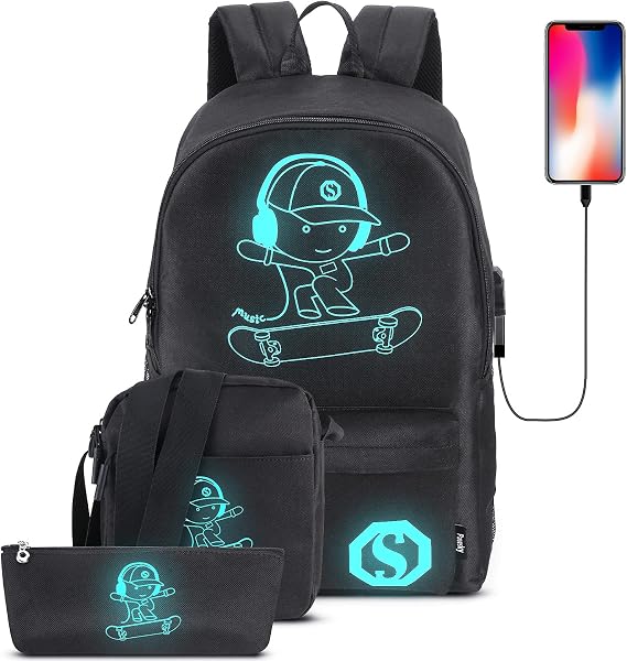 Skateboard Anime Luminous School Backpack with USB Charging Port, Anti Theft Lock, Sling Bag & Pencil Case for Teen Boys and Girls, College Bookbag Lightweight Laptop Bag, Black