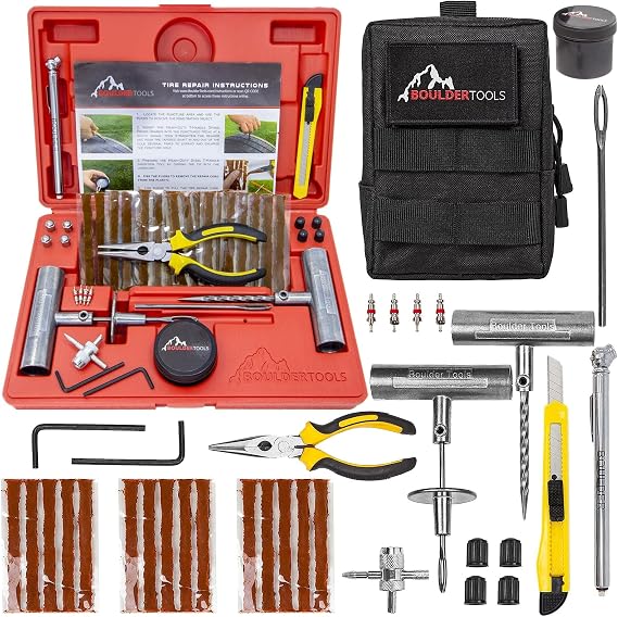 Boulder Tools Heavy Duty Tyre Repair Kit and Rapid Tire Deflator + Molle Pouch for Car, Truck, RV, SUV, ATV, Motorcycle, Tractor, Trailer.