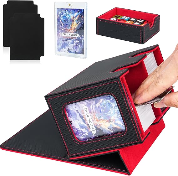 Card Deck Box for MTG Commander, Large Card Storage Box for Trading Cards with Dice Tray, TCG Cards Display Case, Holds 150 Double-Sleeved Cards, Black&Red