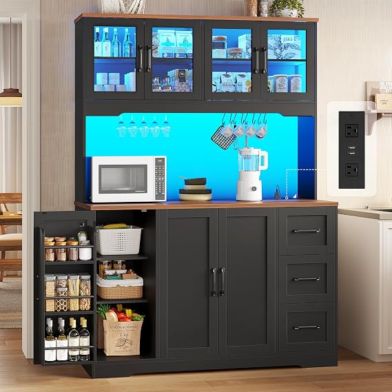 BTHFST 47.3" Wide Pantry Cabinet with Charging Station, LED Lights, Black