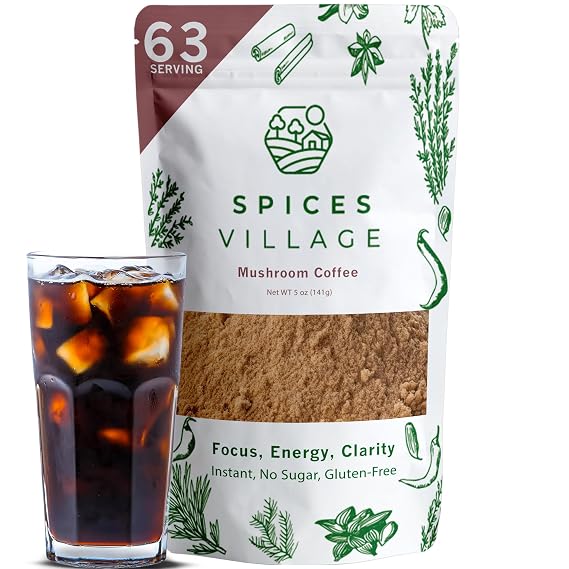 SPICES VILLAGE Instant Mushroom Coffee with Lion's Mane & Chaga 100% Arabica Instant Coffee Mix, Kosher, 5 oz (63 Servings)