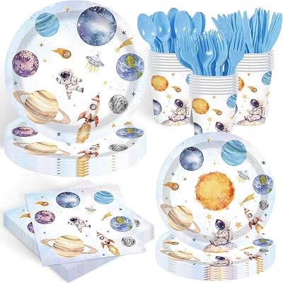 140PCS Space Themed Paper Plates Party Supplies Decorations, Birthday Paper Plates First Trip Around The Sun Astronaut Planet Cake Plate Tableware Dinner Set for Boys Girls Birthday Shower