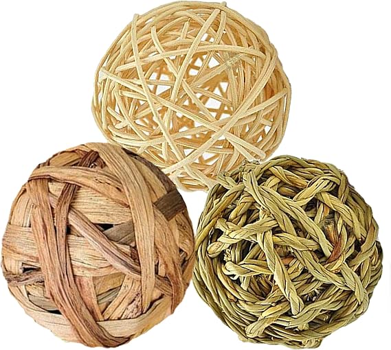SunGrow 3 Pack Rabbit Chew Ball, Assorted Grass Teething Toy for Small Pocket Pet, Dental Wear Support, Boredom Relief Activity, Safe Woven Treat Enrichment for Bunny Guinea Pig Hamster Rat