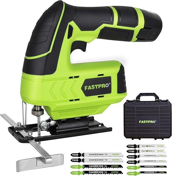 FASTPRO 12V Cordless Jig Saw Kit with 10pcs Blades & Edge Guide | Tool-Free Blade Change, 45 Bevel Cutting, Included 1.5 Ah Battery & Charger, For DIY & Woodworking