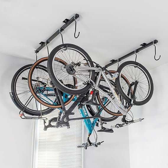 Teal Triangle Ceiling Mounted Bike Rack for Garage - Premium Bicycle Stand & Hanger for Space-Saving Storage | Adjustable Hooks Hold 4-8 Bikes - Indoor Bicycle Rack System