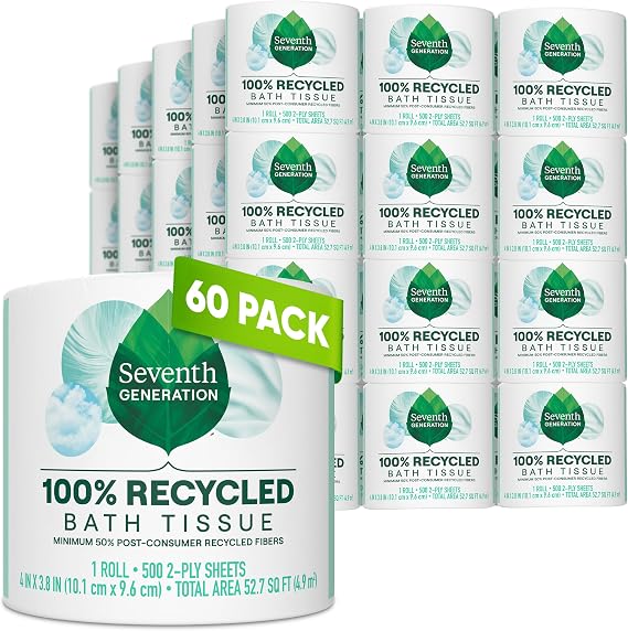Seventh Generation White Toilet Paper 2-ply 100% Recycled Paper, 500 sheets, Pack of 60 | 500 Sheets Per Roll, Extra Soft & Strong for Home & RV, Whitened without Chlorine Bleach, No Dyes or Fragrances, Septic Safe