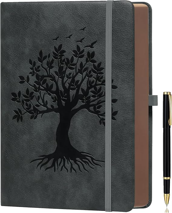 ZXHQ A5 360 Pages Lined Journal Notebooks with Pen, Journals for Women Men Writing Notebook, Tree of Life Design, Fine Inner Pocket - Dark Grey