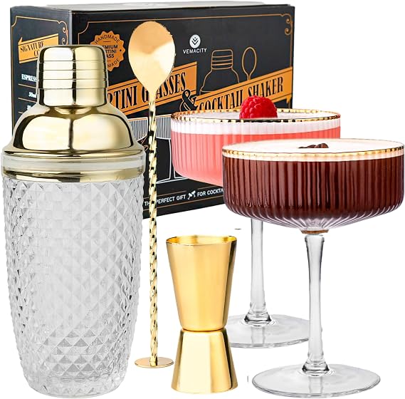 Vemacity Cocktail Set - Glass Cocktail Shaker (500ml) + 2 Espresso Martini Glasses with Gold Rim Bar Spoon & Jigger Bartender Set Cocktail Glasses