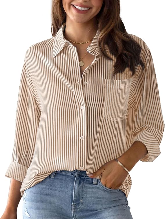 Striped Button Down Shirts for Women Long Sleeve Casual Collared Office Work Blouses Shirts Tops with Pocket