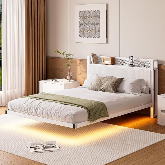 Double Floating Upholstered Bed Frame with Storage Headboard, White | 135x190cm Metal Bed Frame with LED Lights & USB Charging Station, 4ft6 Platform Bed, Heavy Duty Metal Slats, Noise Free