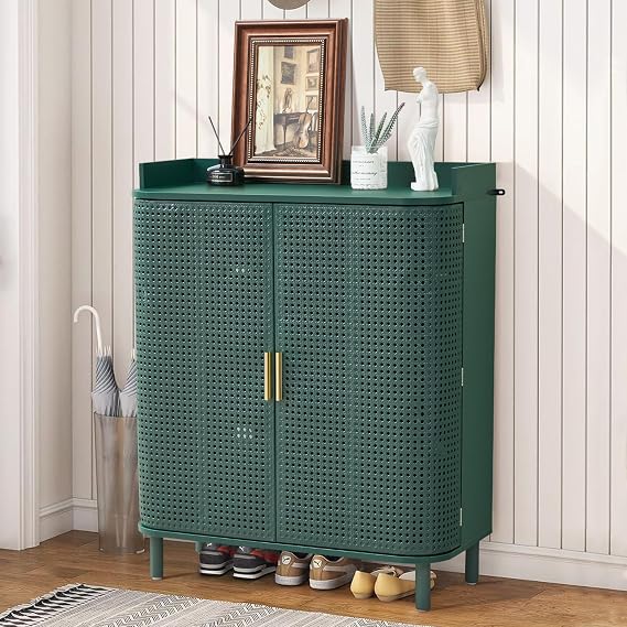 Shoe Cabinet, 5 Tier Boho Wooden Shoe Storage Organizer Cabinet with Adjustable Shelves, Shoes Rack with Iron Rattan Curved Doors Accent Cabinet for Entryway Hallway Living Room, Green