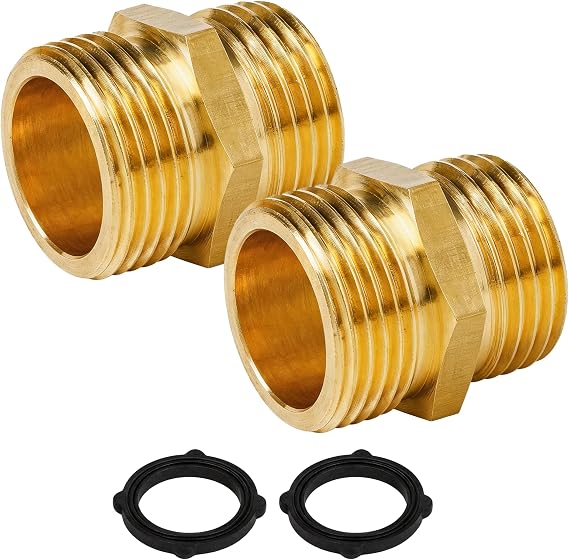 Hourleey Garden Hose Adapter, 3/4 Inch Male to Male Hose Adapter, Solid Brass Hose Connectors, 2 Pack Male Connector with 2 Extra Washers