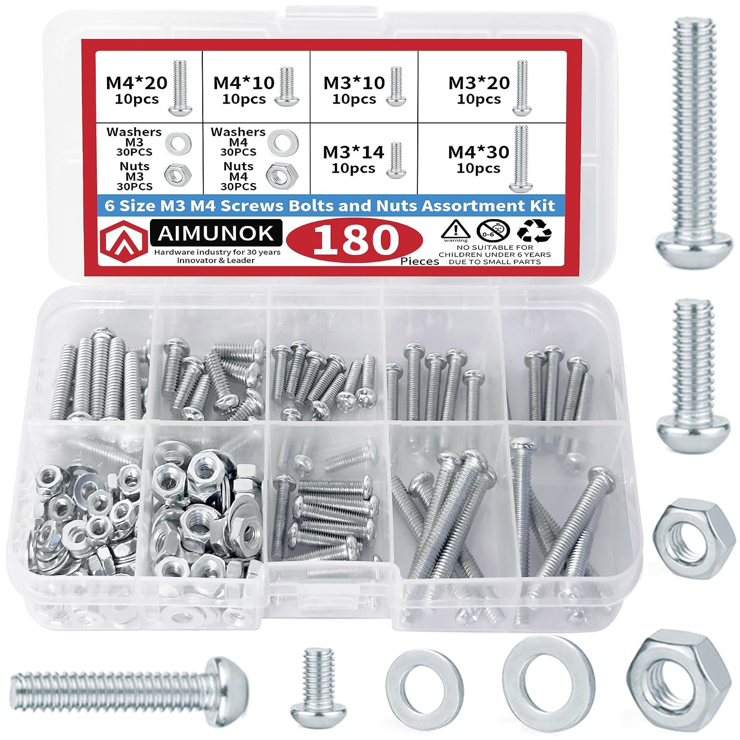 180PCS Nuts and Bolts Assortment Kit, Phillips Pan Head M3 M4 Carbon Steel Hardware Kit with Assorted Screws, Nuts, Bolts and Washers