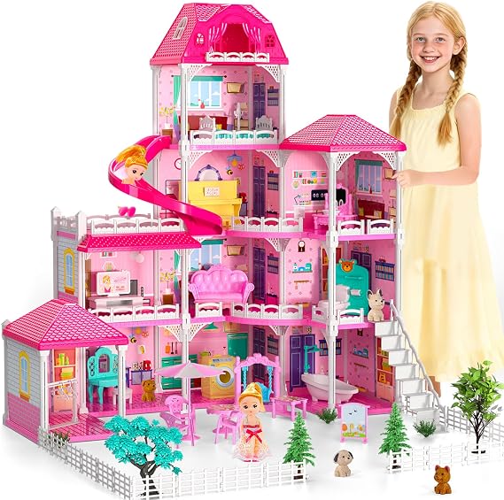 4-Story DIY Princess Dollhouse with Furniture & Slide for Girls 3-8 | Complete 10-room playset with 2 mini dolls, furniture & outdoor slide. Safe DIY building toy sparks creative pretend play.