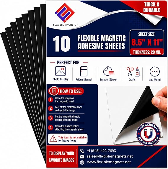 Flexible Magnets Magnetic Sheets with Adhesive Backing, 8.5" x 11" (10 Pack) Stick-On Magnetic Sheets for Refrigerator Magnets, Magnetic Labels, Crafts, DIY Projects & More