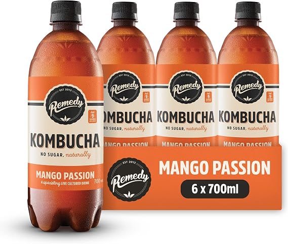 Remedy Mango Passion Sparkling Kombucha Drink, 6 x 700ml Bottles | Live Cultured Probiotic Soft Drink, Supports Gut Health, Sugar Free, All-Natural Ingredients, Vegan, Low Calorie, Small Batch