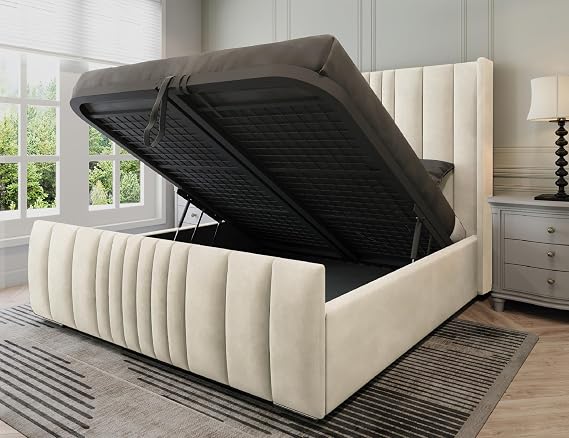 Manhattan King Size Ottoman Bed with Mattress, Plush Velvet Panelled King Size Bed with Mattress and Storage, Modern Gas Lift Ottoman Beds Frame with 48in Headboard in Cream Plush