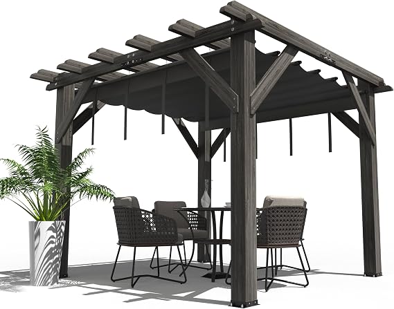 GAOMON 10 X 10 FT Wood Pergola Retractable Shade Canopy Outdoor Wooden Pergola for Patio Backyard Deck Garden