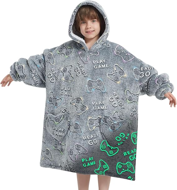 Fiosnow Glow in the Dark Blanket Hoodie for Kids 6-13 Years Old Oversized Wearable Blanket Hoodies for Boys Girls Teens