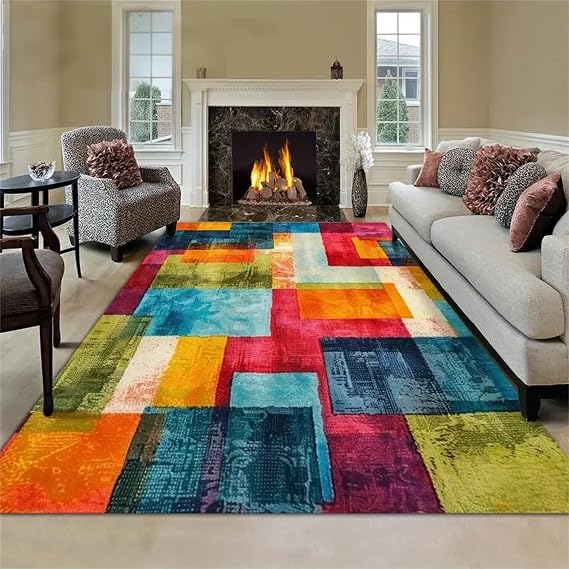 Abstract Geometric Area Rug, 140x200cm Vintage Colorful Plaid Patchwork Stylish Artistic Living Room Carpet, Soft Non-Slip Washable Throw Rugs for Living Rooms Entryways Offices With Hardwood Floors