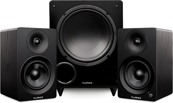 Fluance Ai41 Powered 5" Stereo Bookshelf Speakers and DB10 10" Low Frequency Ported Front Firing Powered Subwoofer with 15 Feet RCA Ultimate Performance Collection Subwoofer Cable (Black Ash)
