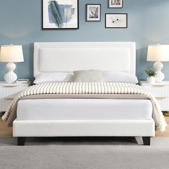 Cloud Queen Bed Frame with Adjustable Headboard, White